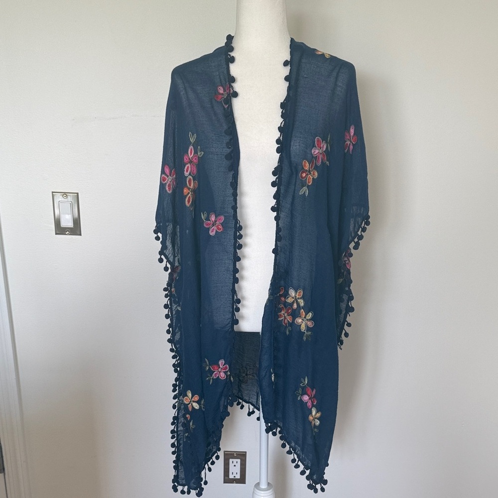 Do Everything In Love Floral Embroidered Kimono/Beach Cover Up Pom Pom Trim O/S